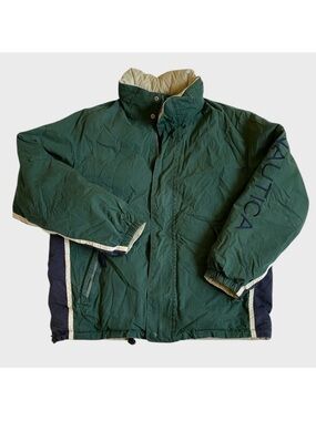 VTG Nautica Reversible Down Puffer Jacket Men's Sz L Full Zip Green Hooded *Flaw